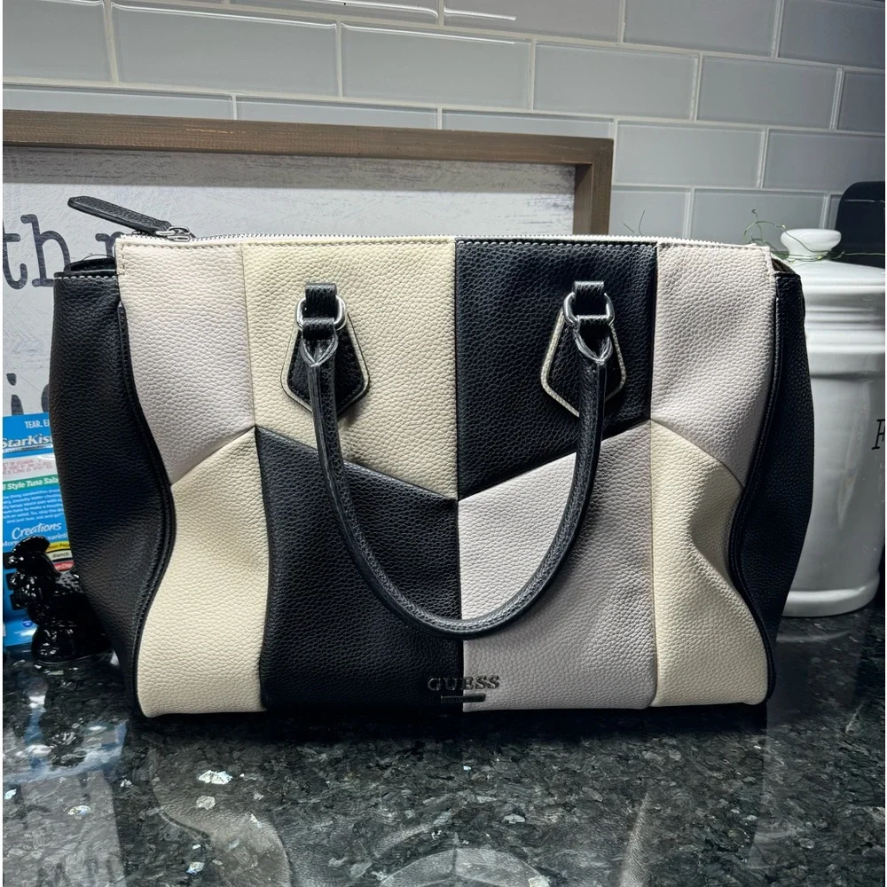 Guess Purse Cream Black Gray Large Size PU Material